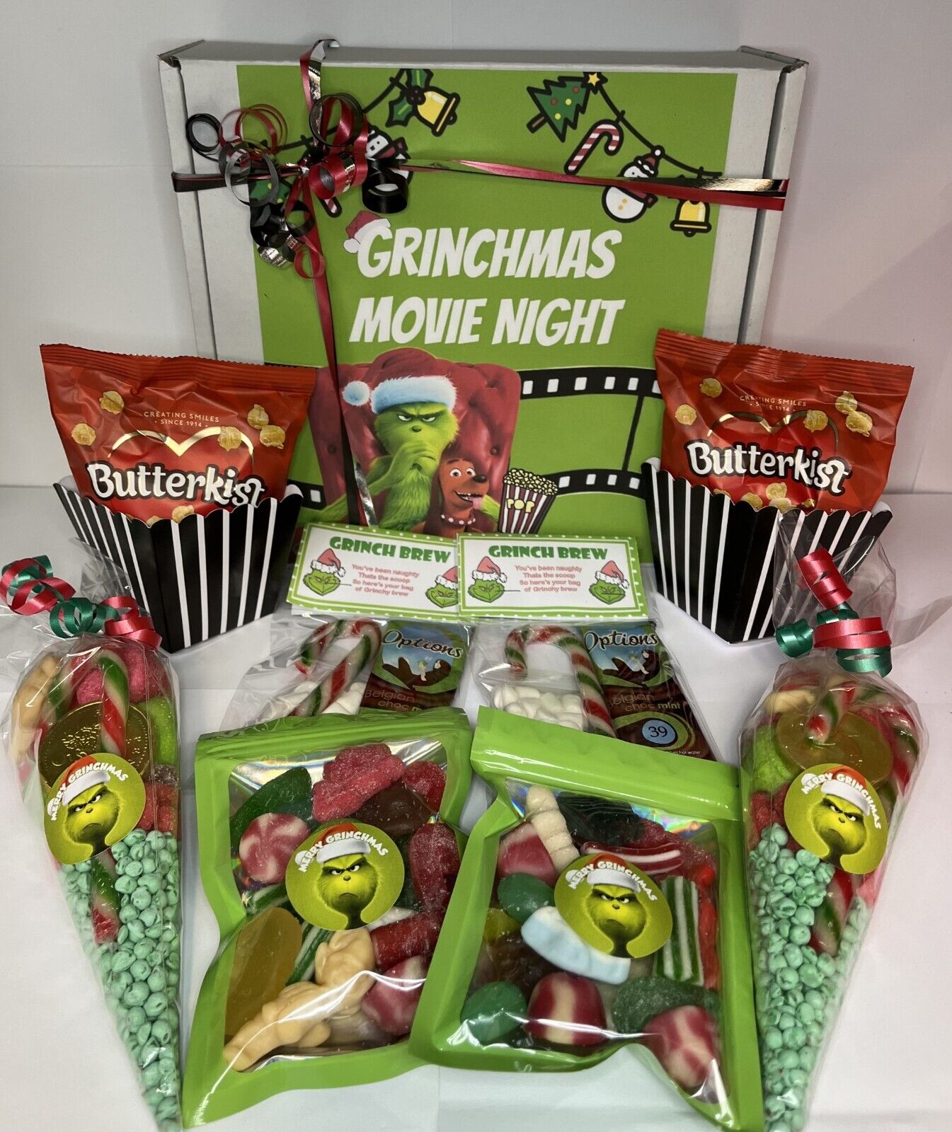 Grinch Inspired Themed Movie Night Box For 2 Popcorn Sweet Cones Treats Hamper Hot Chocolate