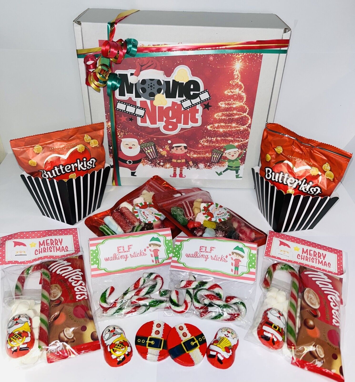 Christmas Elf Santa Movie Night Box For 2 Popcorn Sweet Pouch Treats Hamper