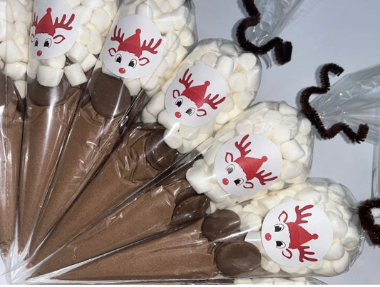 Mr Reindeer Hot Chocolate, Buttons & Marshmallows Handmade Cone Christmas Cones