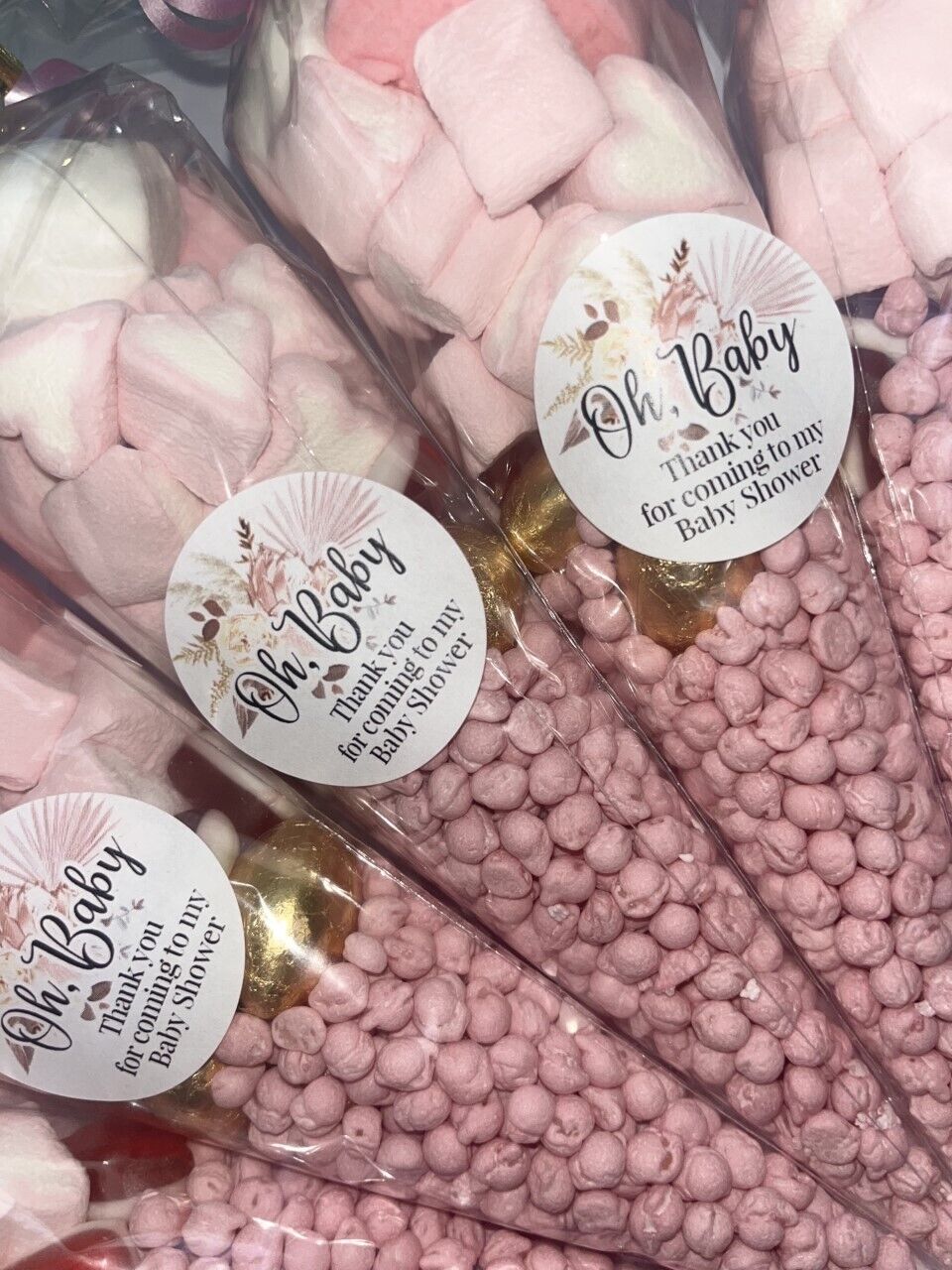 Oh Baby Neutral Pink Shower Favours Filled Sweet Cones Party Bag Baby Shower