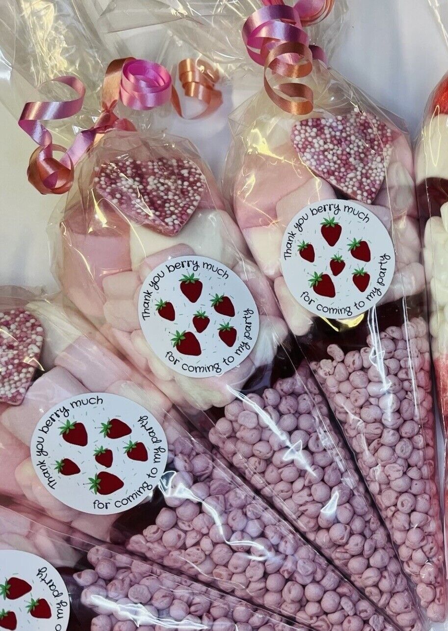 Strawberry Berry 1st Birthday Party Kids Sweet Cones Party Bags Candy Pink Red