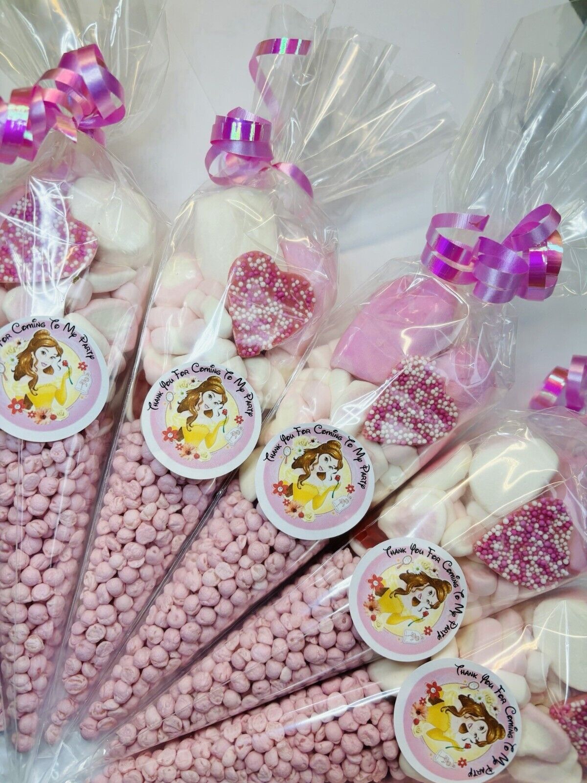 Princess Belle Birthday Kids Sweet Cones Party Bags Candy Favours Pink Yellow