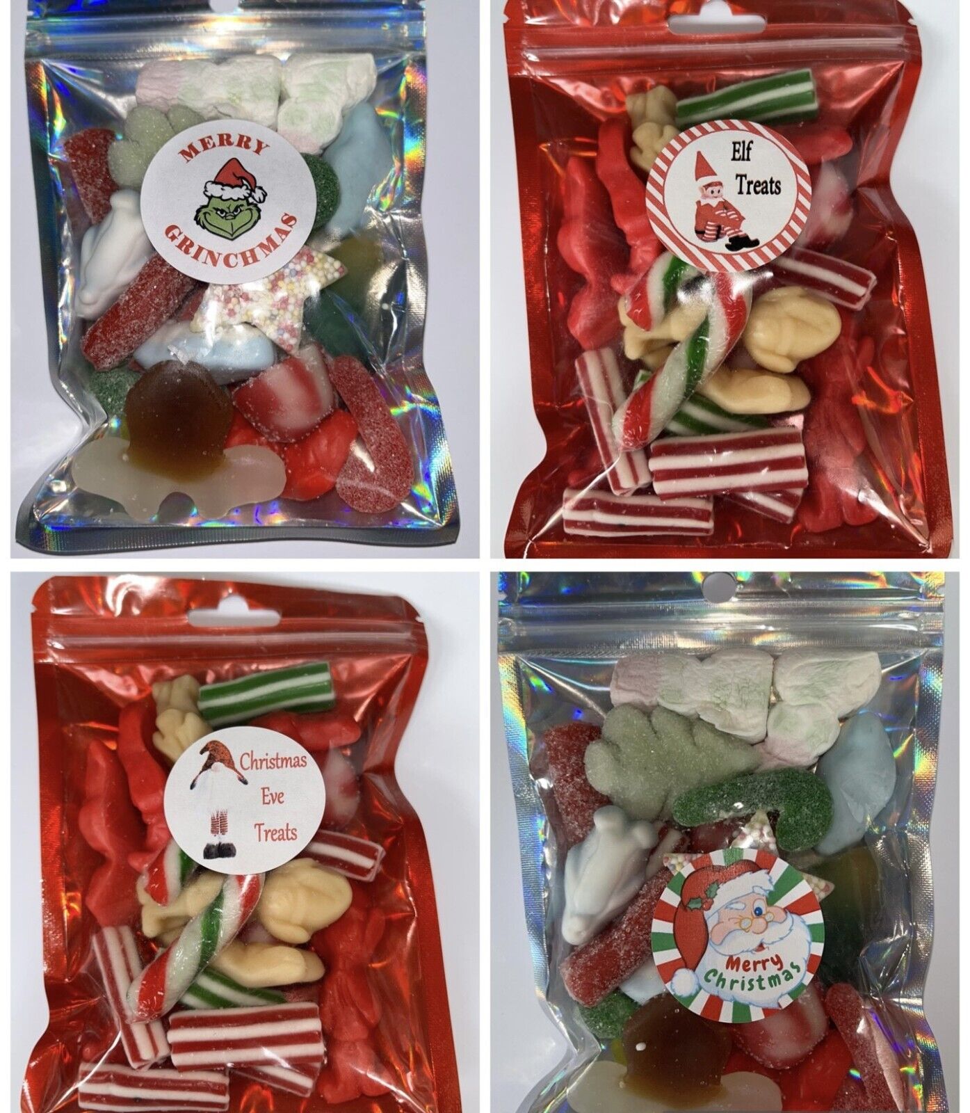 Christmas Eve Grinch Inspired Themed Elf Santa Pick n Mix Sweet Gummy Treat Pouch Gift Stocking