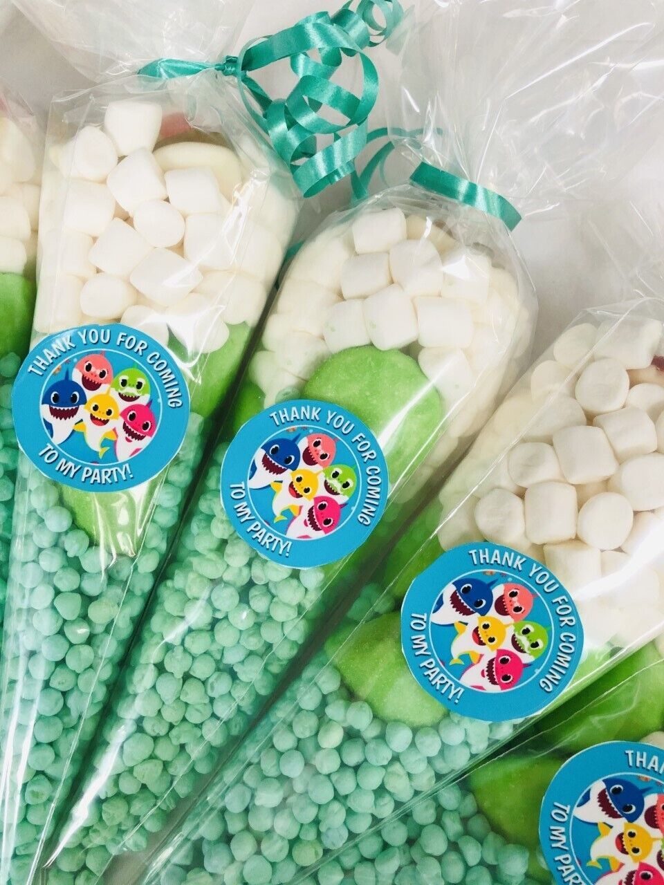 Made to order Baby Shark Inspired Themed Green & White  Filled Candy Sweets Cone Party Bag Filler