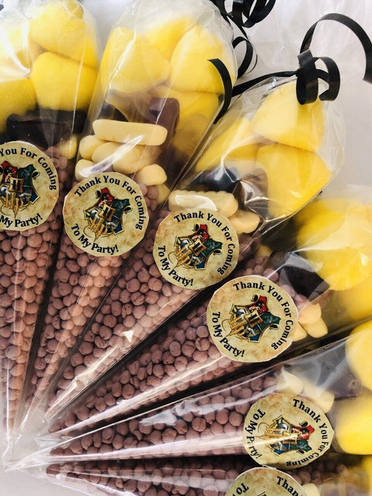 Harry Potter Inspired Themed Filled Sweet Candy Cones & Sticker Party Bags Yellow & Brown