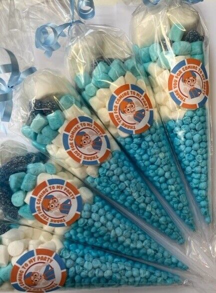 Blippi Inspired Themed YT Kids Candy Cones Sweets Party Bags Filled Party Bag Gift Blue Birthday