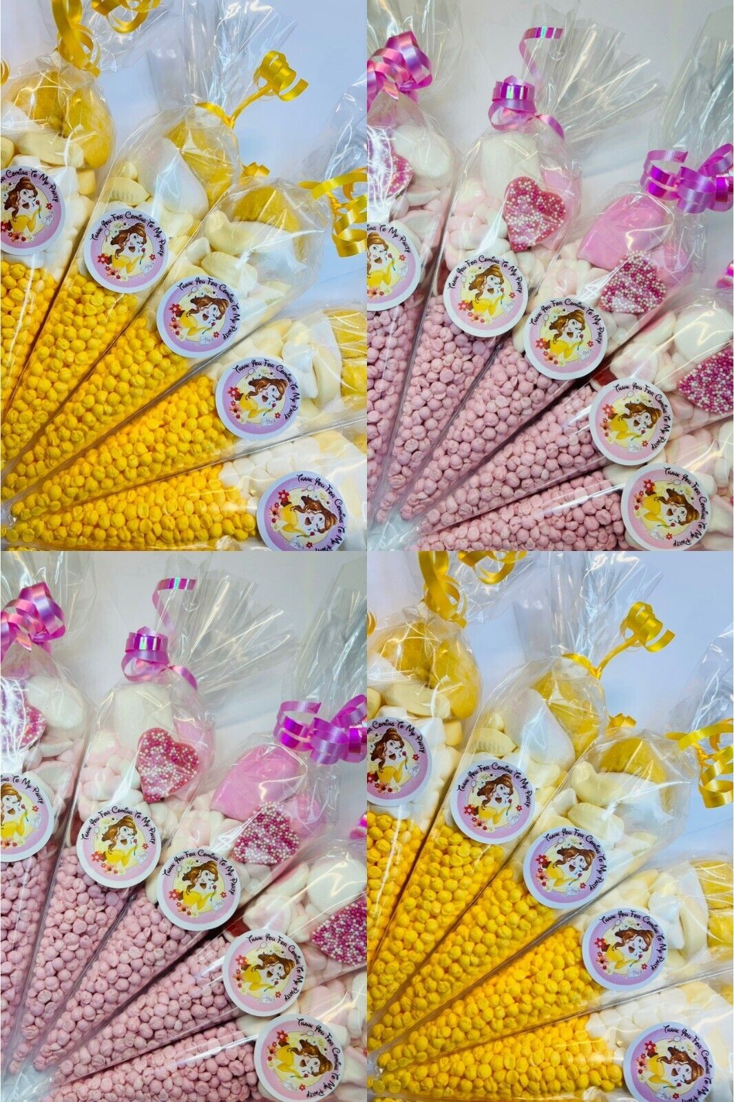 Princess Belle Birthday Kids Sweet Cones Party Bags Candy Favours Pink Yellow