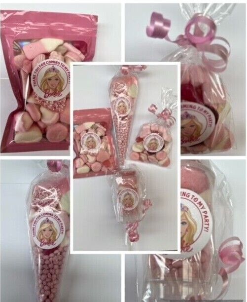 Barbie Inspired Themed Birthday Sweet Candy Cones Party Bags Filled Push Pop Pink Pick n Mix