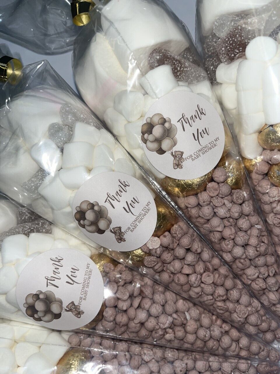 Teddy Bear Neutral Baby Shower Favours Filled Sweet Cones Party Bag Gift