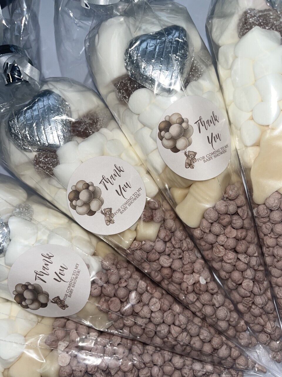 Teddy Bear Neutral Baby Shower Favours Filled Sweet Cones Party Bag Gift