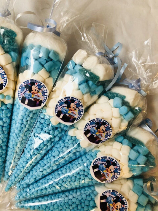 Mickey Mouse Inspired Themed Filled Sweet Cones & Sticker Thank You For Coming Party