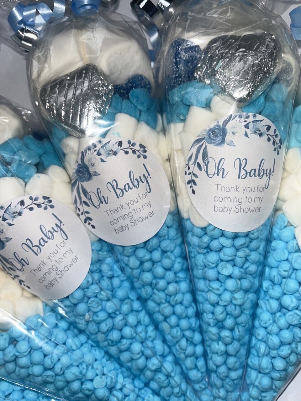 Oh Baby Neutral Blue Shower Favours Filled Sweet Cones Party Bag Baby Shower