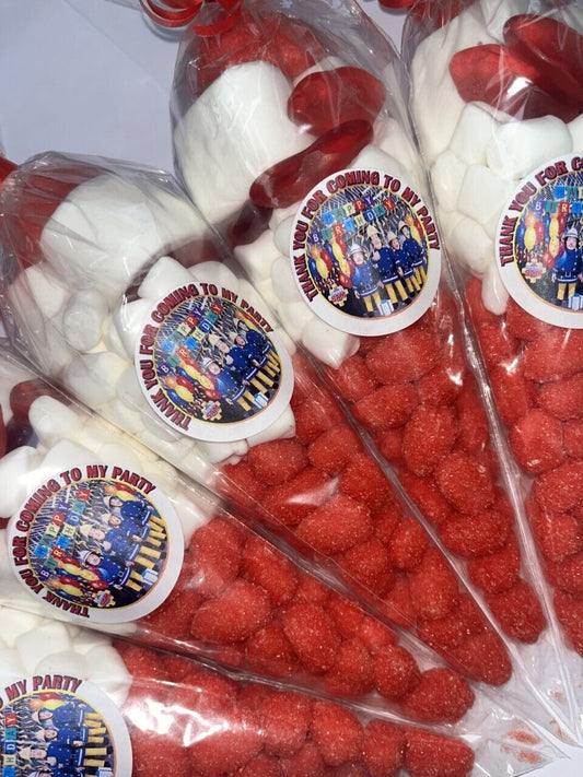 Fireman Sam Inspired Themed Filled Sweet Cones & Sticker Party Bag Filler Red