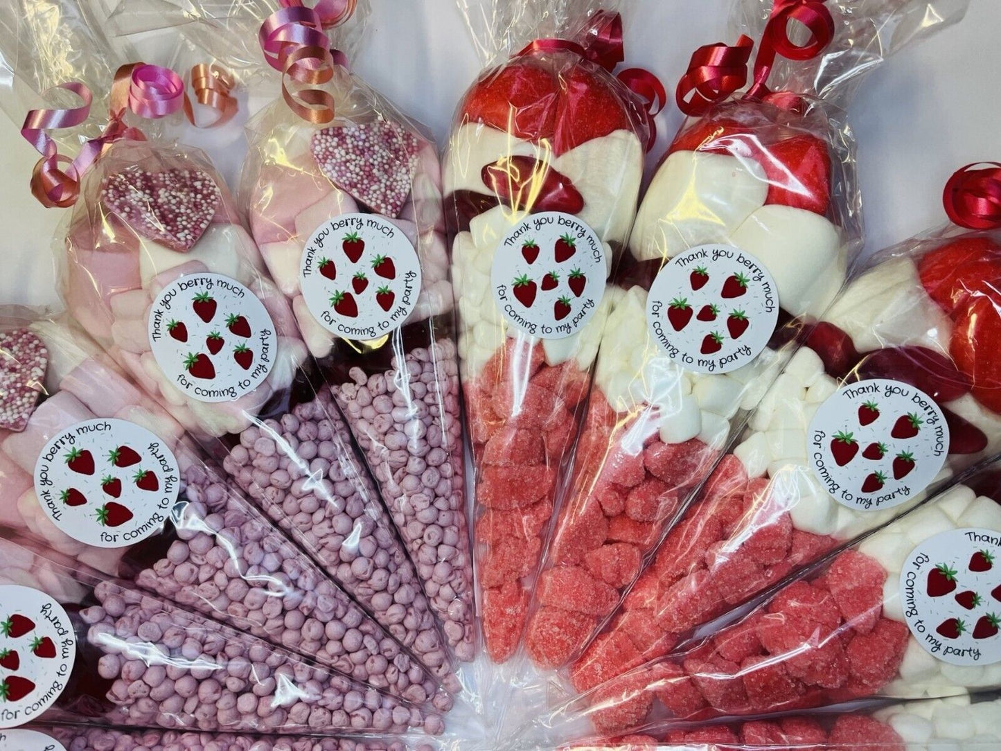 Strawberry Berry 1st Birthday Party Kids Sweet Cones Party Bags Candy Pink Red