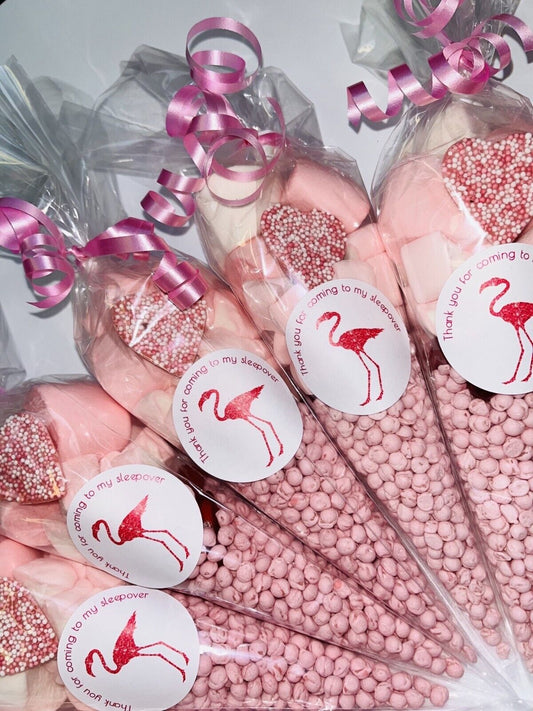 Flamingo Thank You For Coming Sleepover Filled Sweet Candy Cones Party Bag Pink