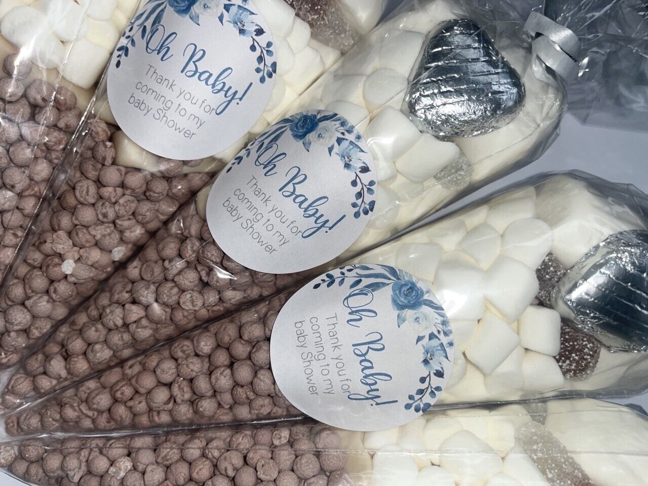 Oh Baby Neutral Blue Shower Favours Filled Sweet Cones Party Bag Baby Shower