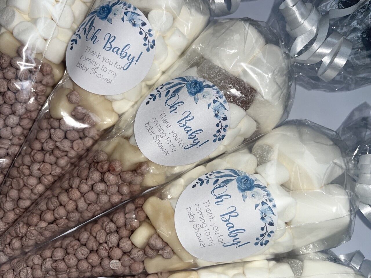 Oh Baby Neutral Blue Shower Favours Filled Sweet Cones Party Bag Baby Shower