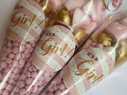 It's A Girl Baby Shower  Filled Sweet Cones Candy Party Bag Pink & Gold Favour