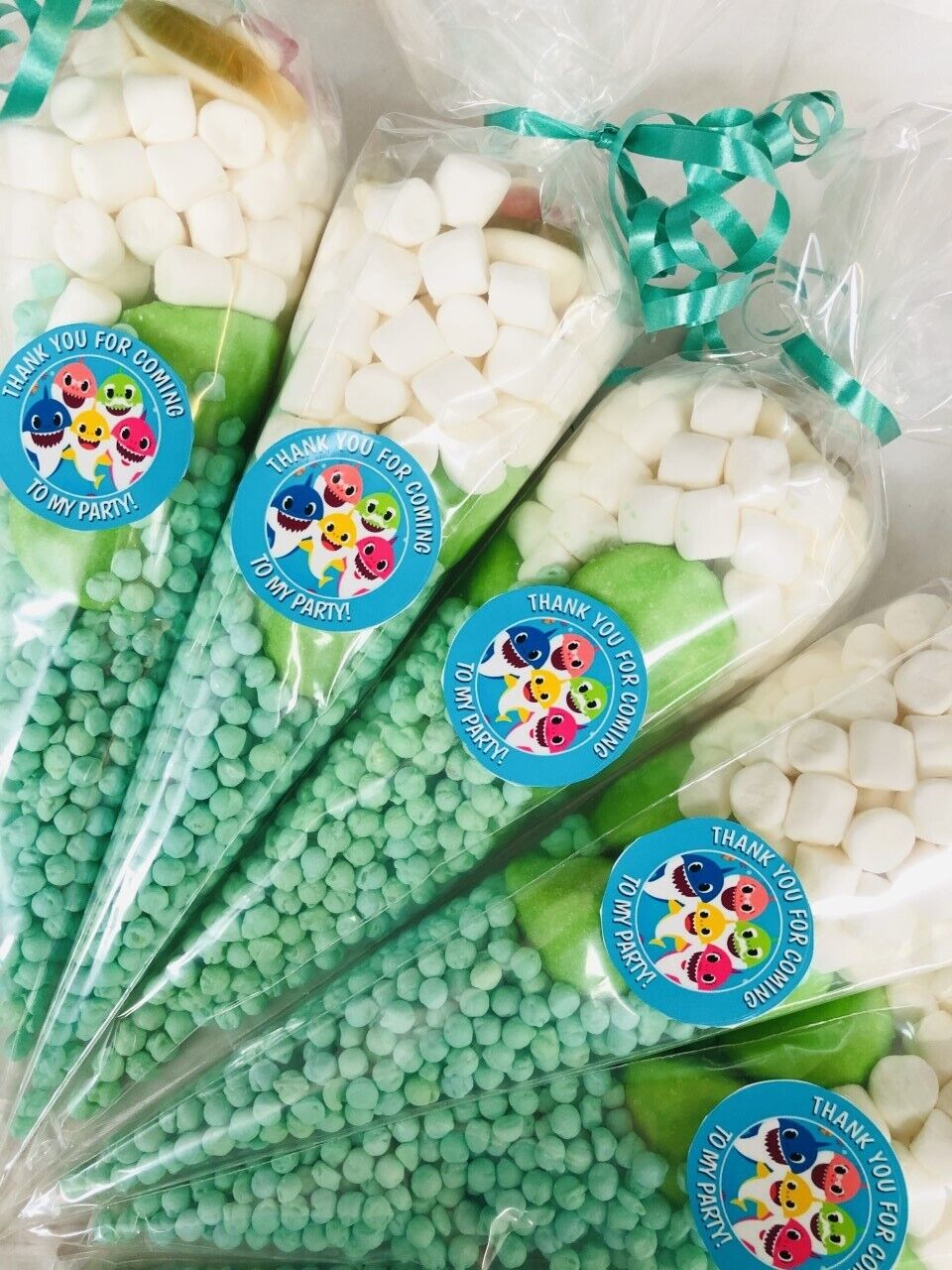 Made to order Baby Shark Inspired Themed Green & White  Filled Candy Sweets Cone Party Bag Filler