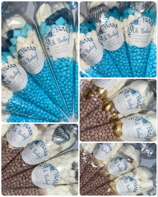 Oh Baby Neutral Blue Shower Favours Filled Sweet Cones Party Bag Baby Shower