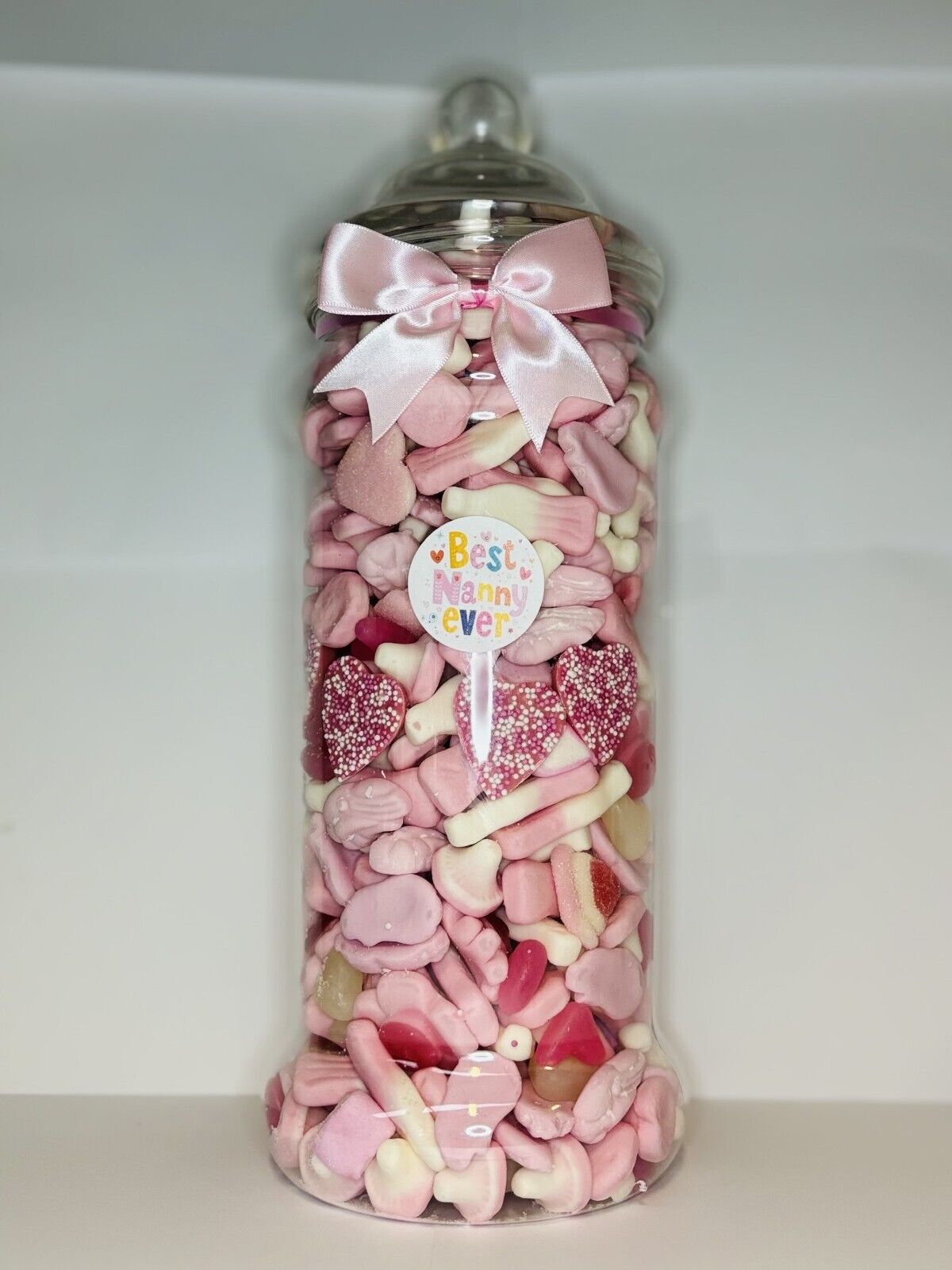 Best Nanny Ever Filled Pink Pick N Mix Gummy Sweet Victorian Jar Gift Present Mothers Day