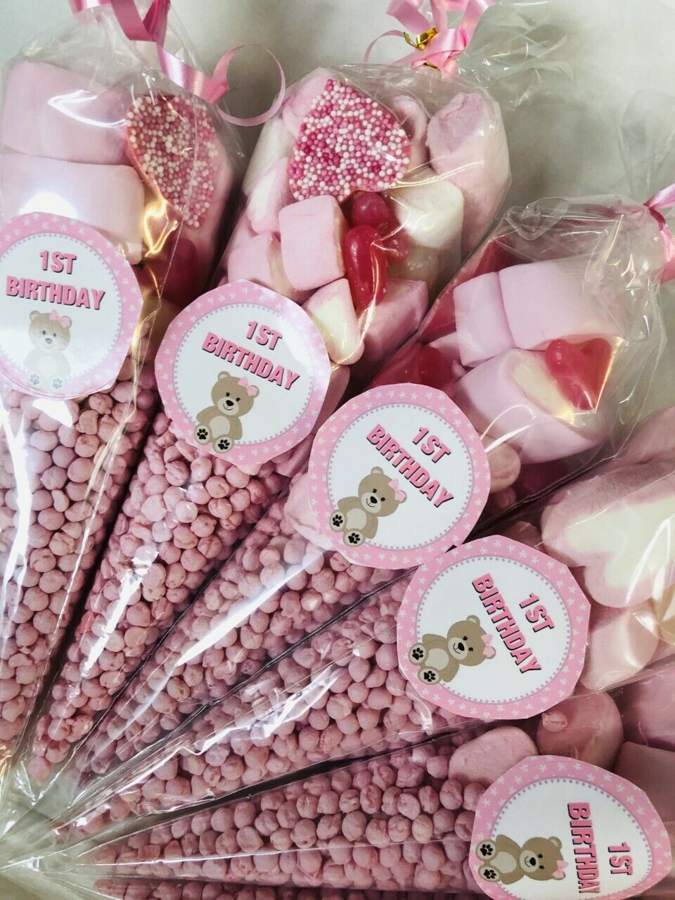 Filled 1st Birthday Teddy Bear Sweet Candy Cones Party Bags Fillers Made To Order