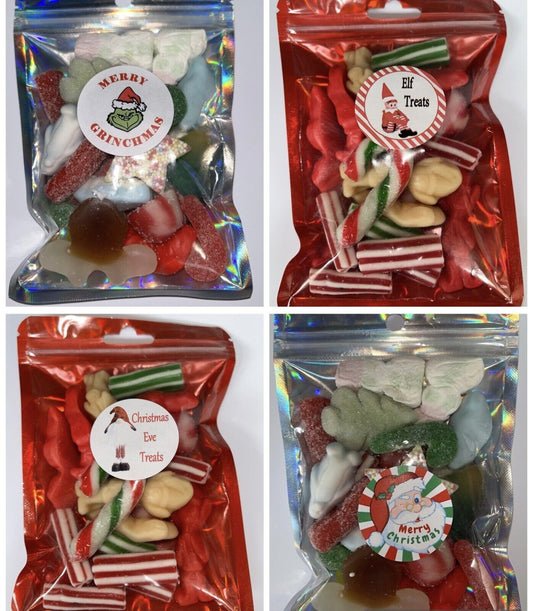 Christmas Eve Grinch Inspired Themed Elf Santa Pick n Mix Sweet Gummy Treat Pouch Gift Stocking