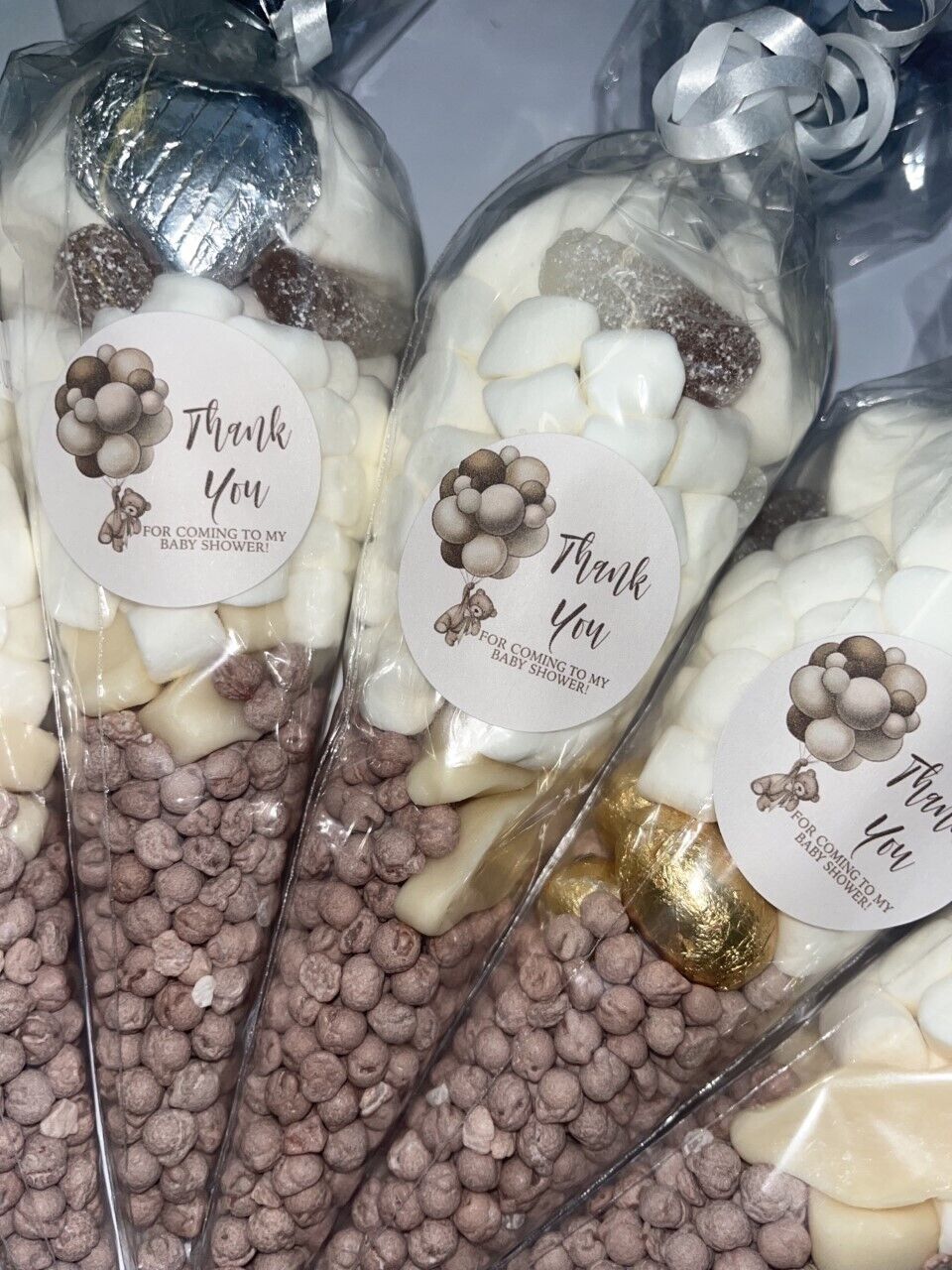 Teddy Bear Neutral Baby Shower Favours Filled Sweet Cones Party Bag Gift