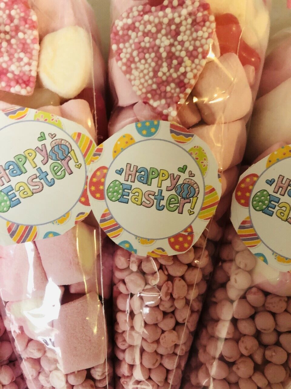 Happy Easter Pink Sweet Candy Cones Sweets Party Bags Filled Gift Cone