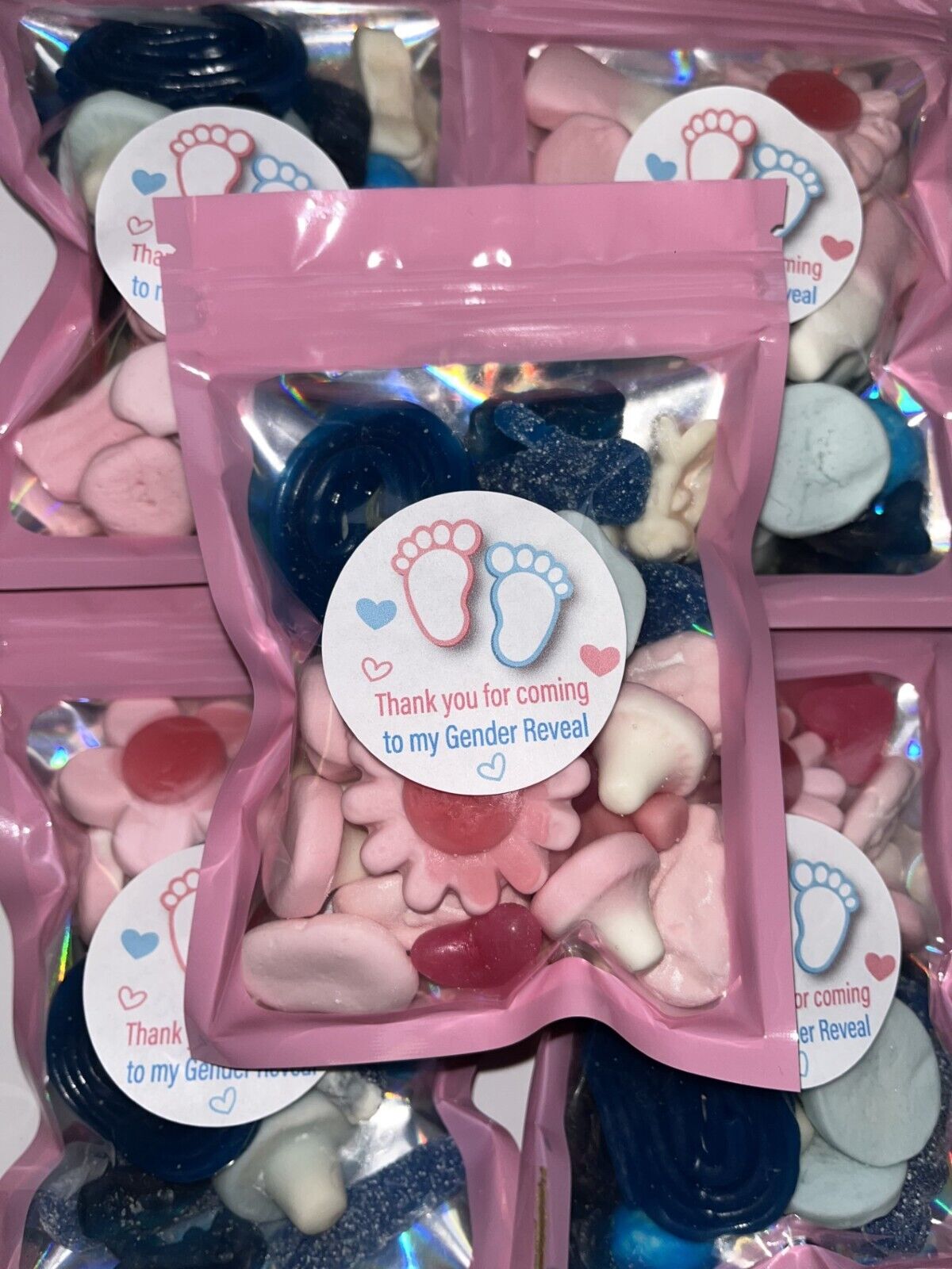 Blue Pink Gender Reveal Baby Shower Sweets Party Bags Pick n Mix Pouch Favour