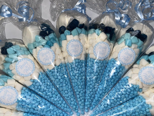 Ready To Pop Baby Shower Blue Candy Cones Sweets Party Bags Filled Gift Favour