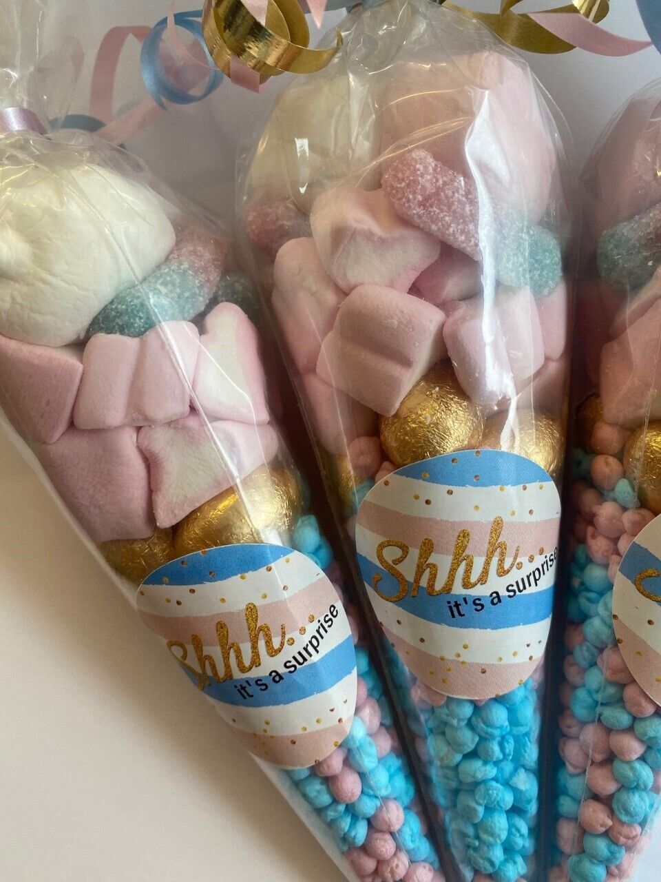 Baby Shower Surprise Pink Blue Gold Sweet Favours Candy Cones Party Bag