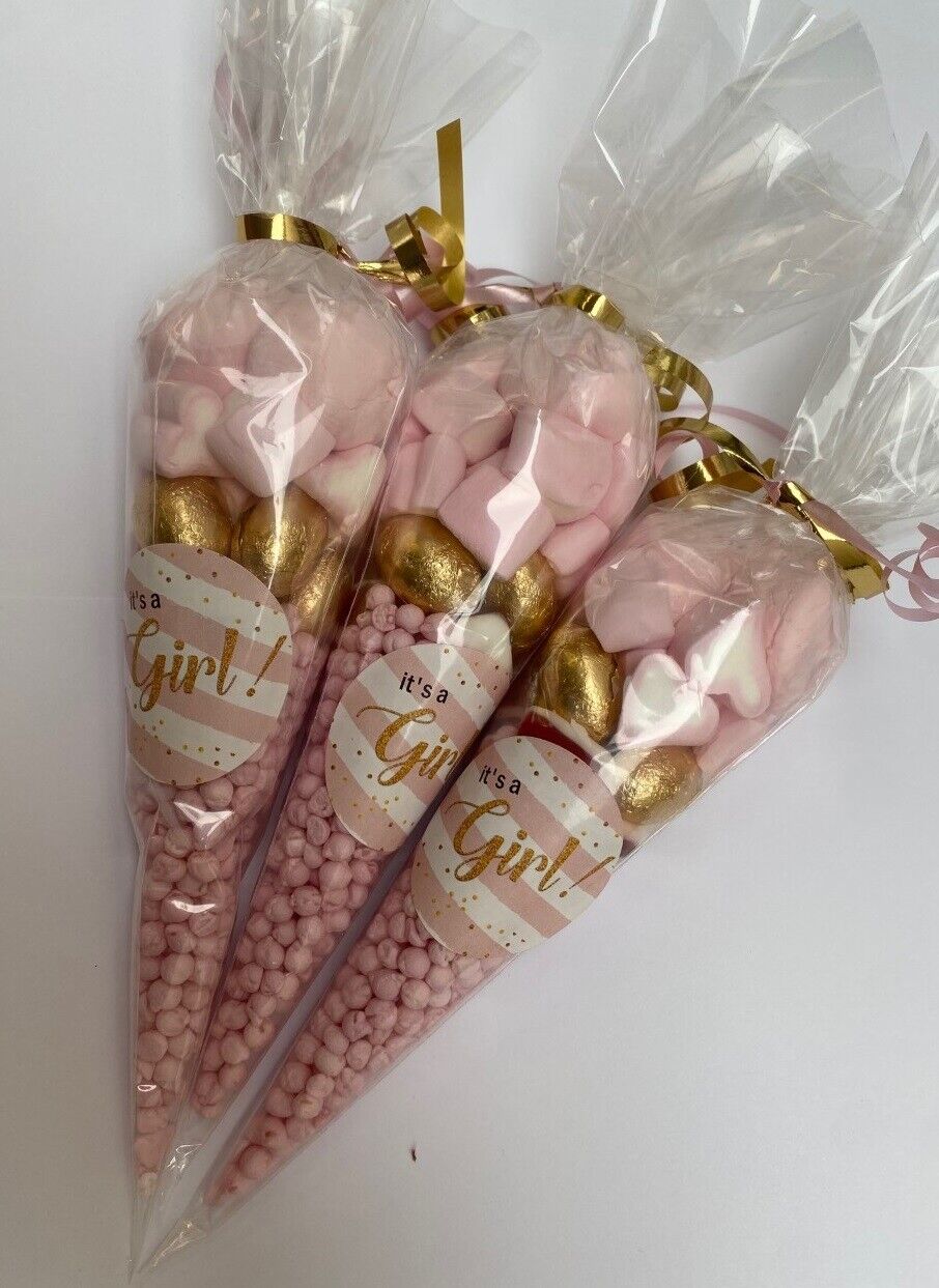 It's A Girl Baby Shower  Filled Sweet Cones Candy Party Bag Pink & Gold Favour