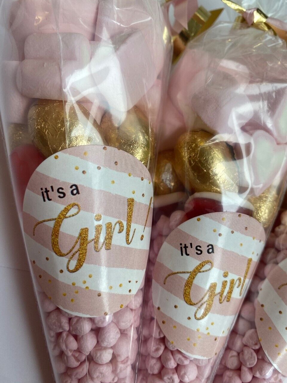 It's A Girl Baby Shower  Filled Sweet Cones Candy Party Bag Pink & Gold Favour