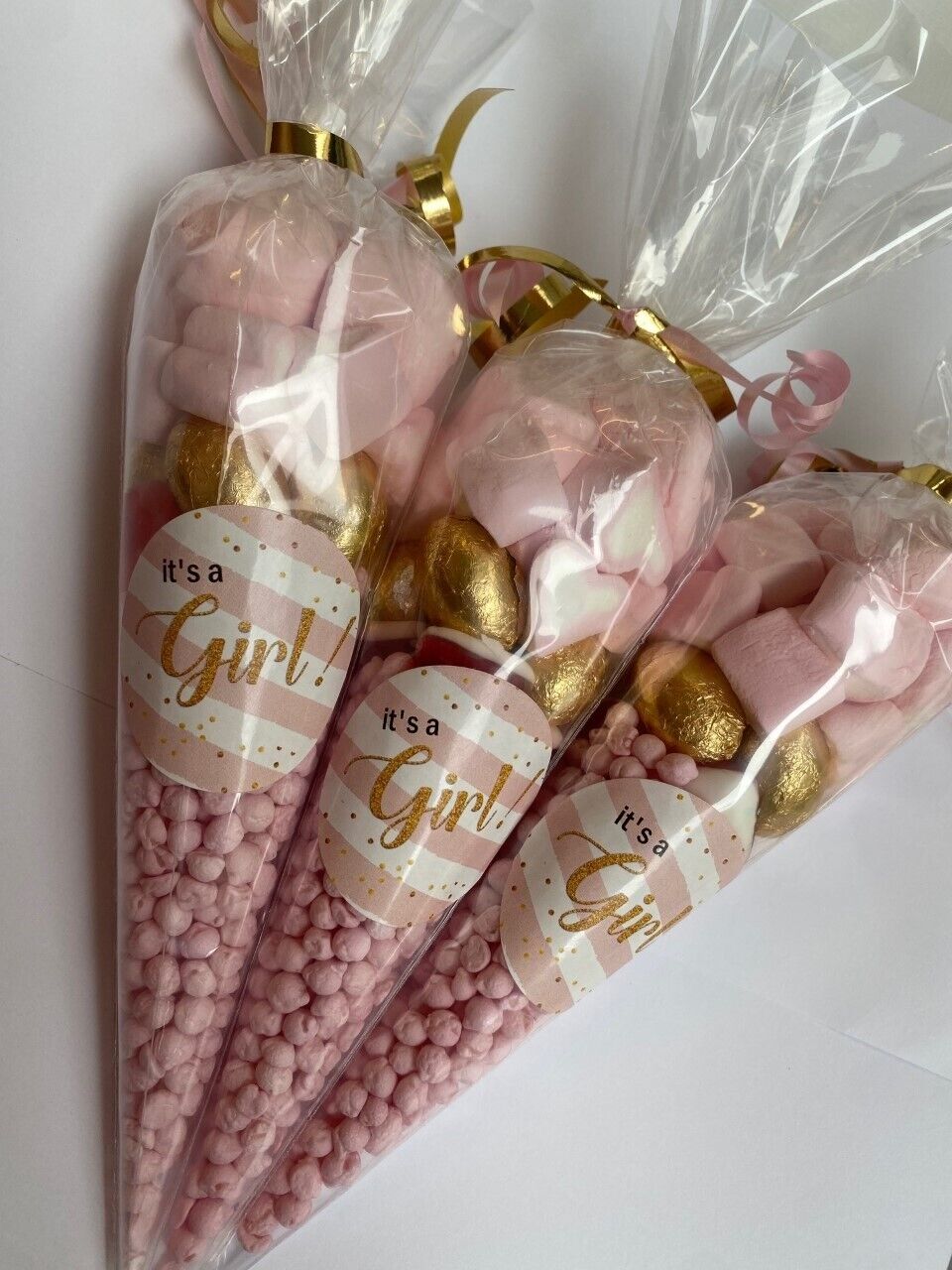 It's A Girl Baby Shower  Filled Sweet Cones Candy Party Bag Pink & Gold Favour