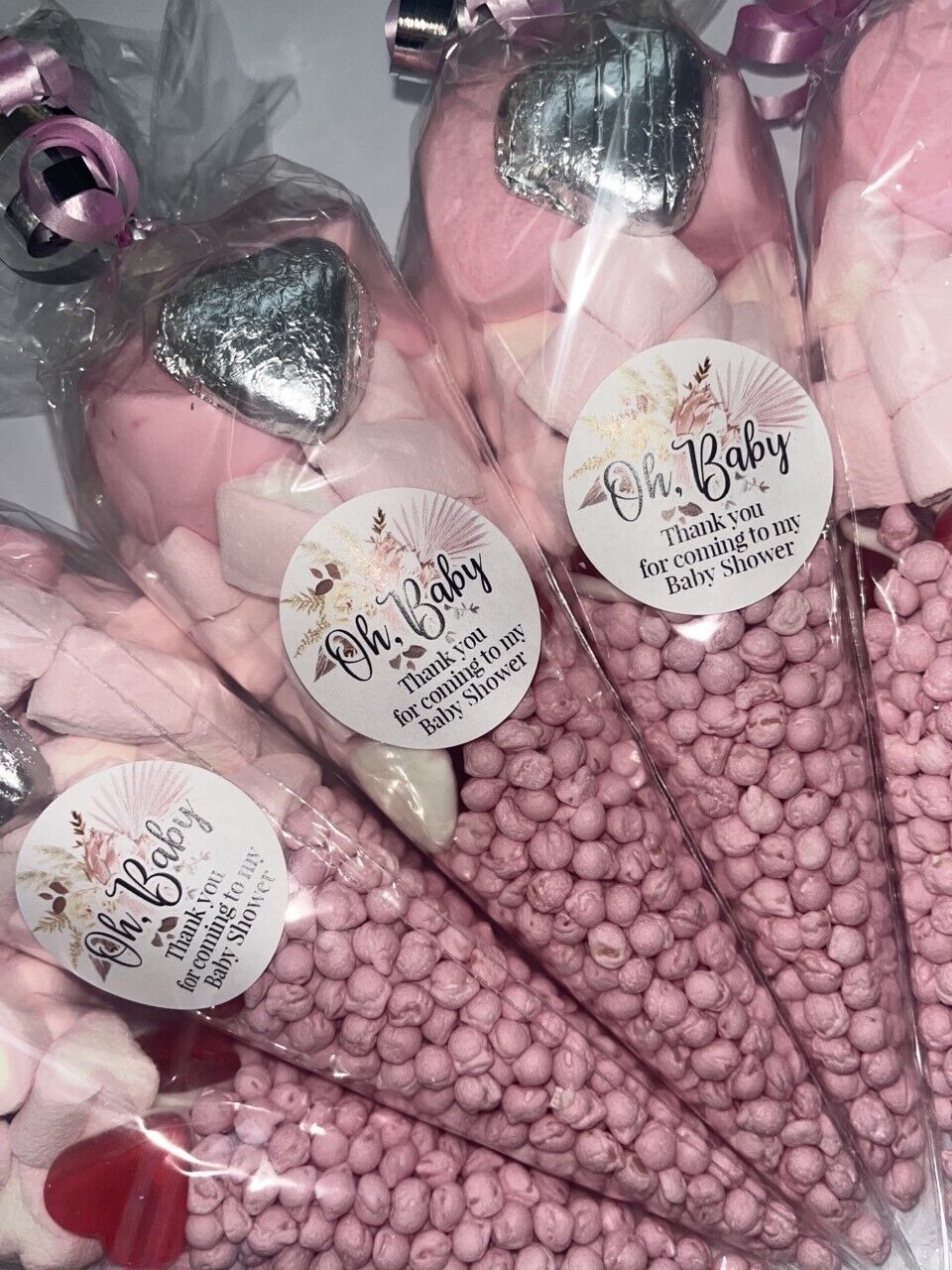 Oh Baby Neutral Pink Shower Favours Filled Sweet Cones Party Bag Baby Shower