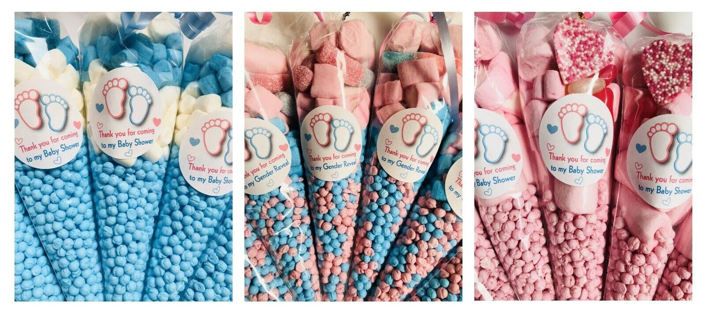 Gender Reveal Favour Blue or Pink Sweet Cone  & Sticker Party Bag