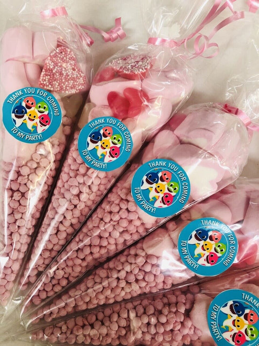 Made to order Baby Shark Inspired Themed Thank You For Coming Party Sweet Candy Cones Sweets Cone Pink