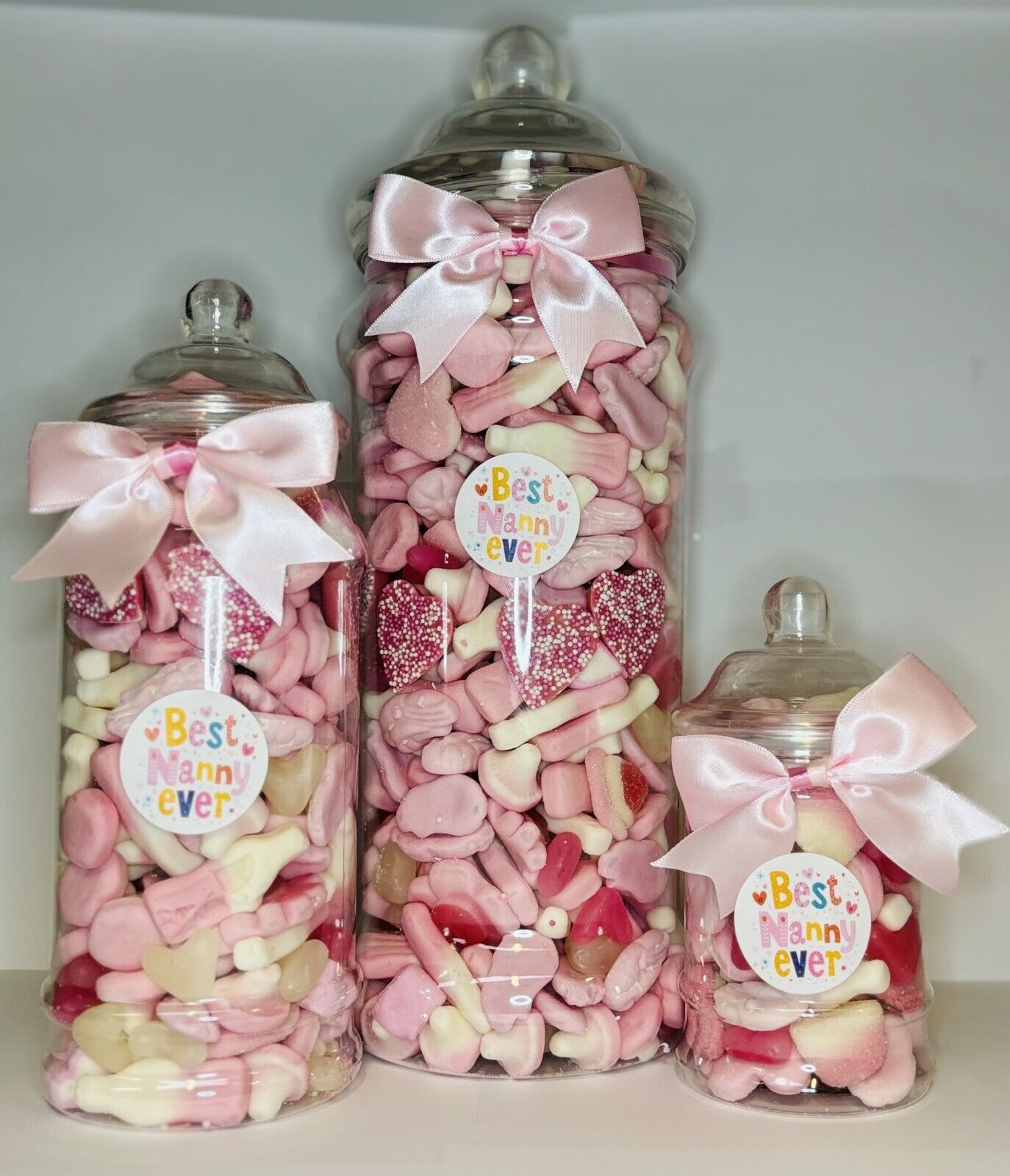 Best Nanny Ever Filled Pink Pick N Mix Gummy Sweet Victorian Jar Gift Present Mothers Day