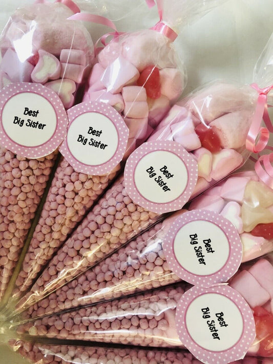 Best Big Sister Sweet Candy Cones Sweets Party Bags Filled Gift Cone Pink