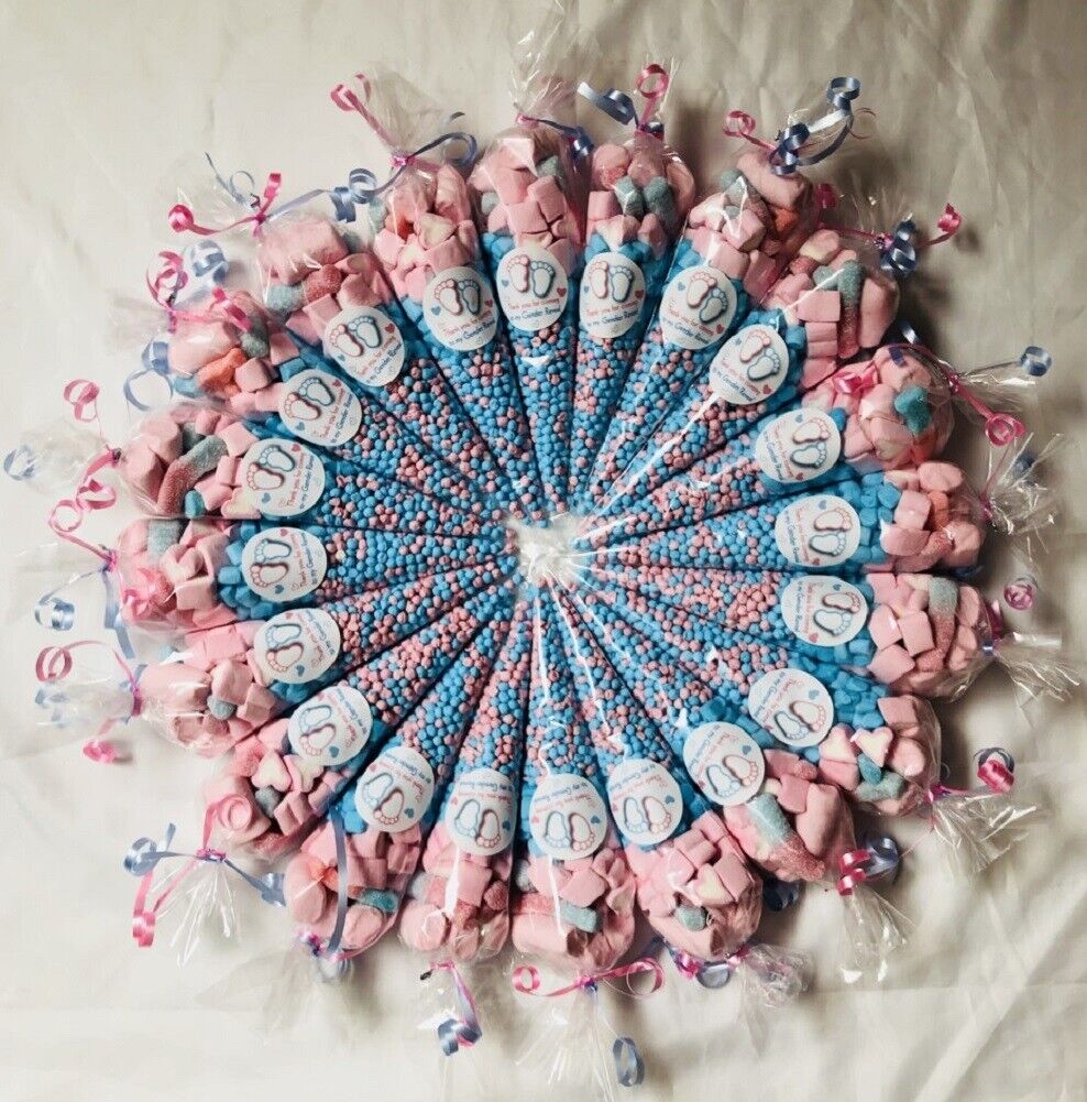 Gender Reveal Pink Blue Sweet Cones Candy Party Bags Baby Shower Favours