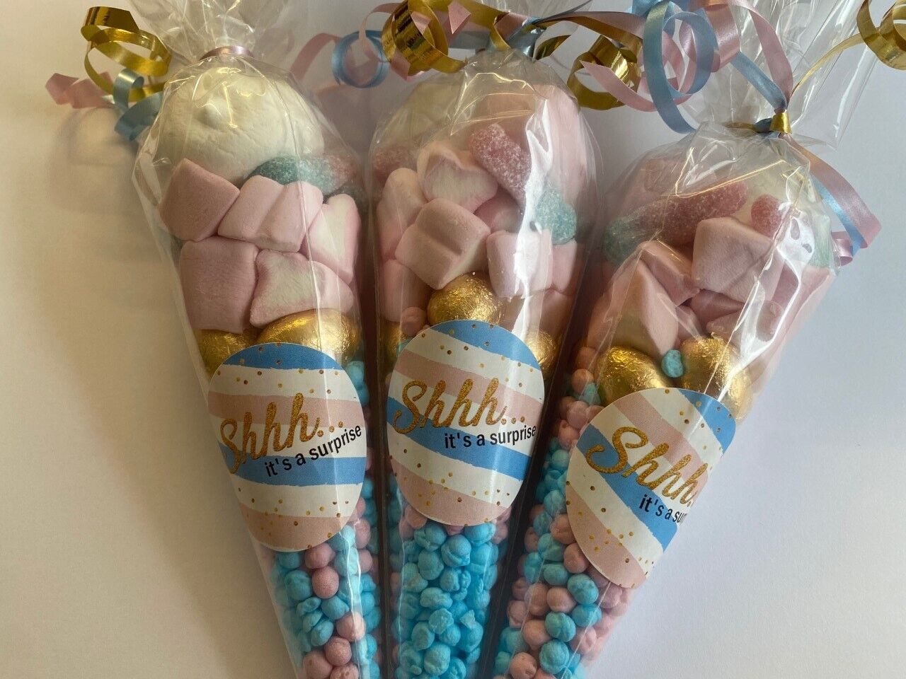 Baby Shower Surprise Pink Blue Gold Sweet Favours Candy Cones Party Bag