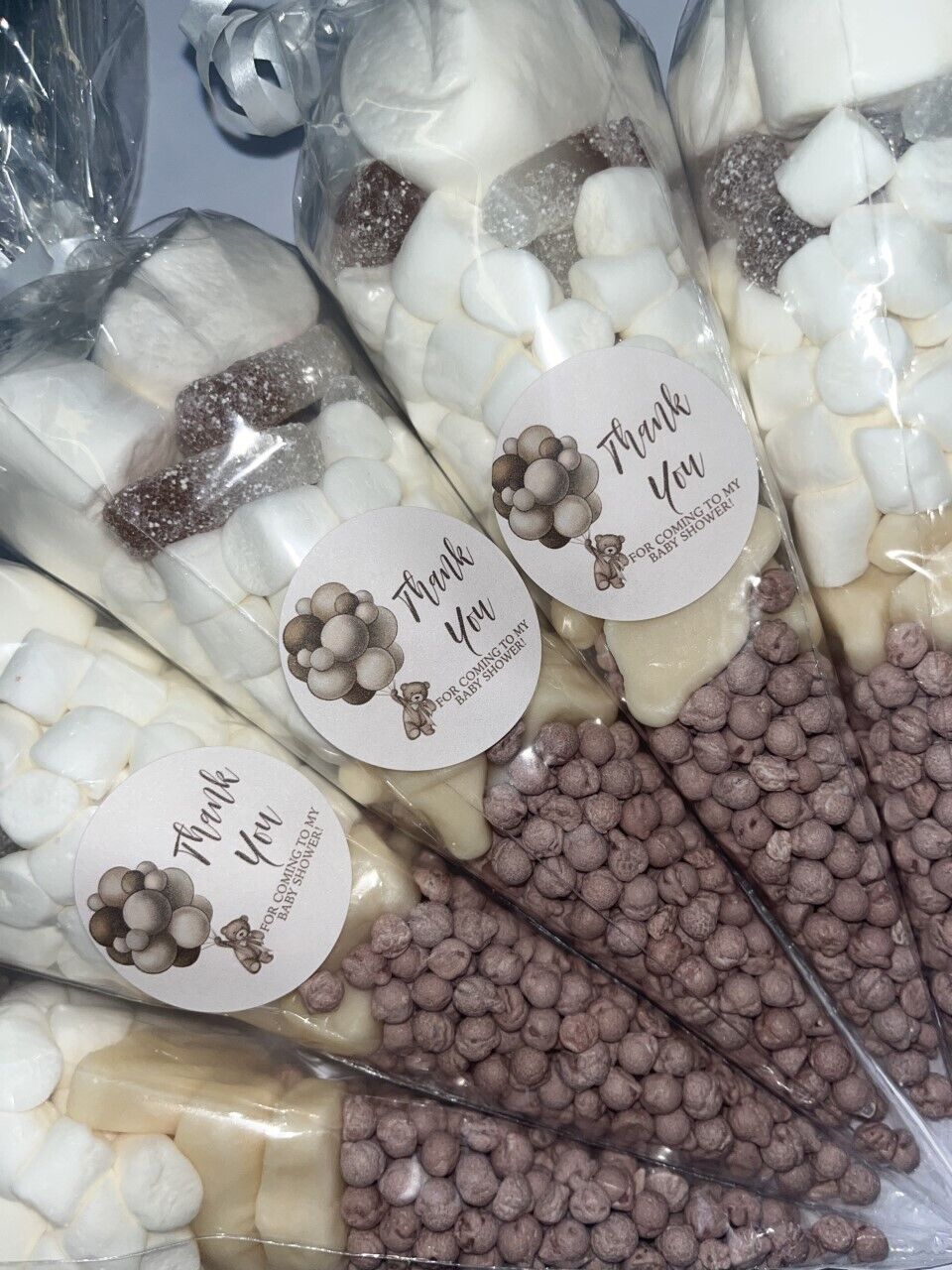 Teddy Bear Neutral Baby Shower Favours Filled Sweet Cones Party Bag Gift