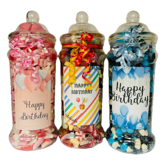 Happy Birthday Filled Pick N Mix Sweet Victorian Jar Gift Present Pink Blue