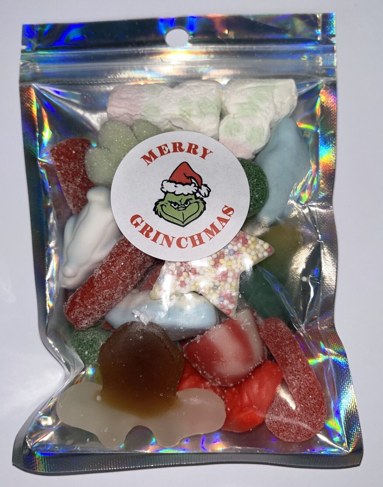 Christmas Eve Grinch Inspired Themed Elf Santa Pick n Mix Sweet Gummy Treat Pouch Gift Stocking