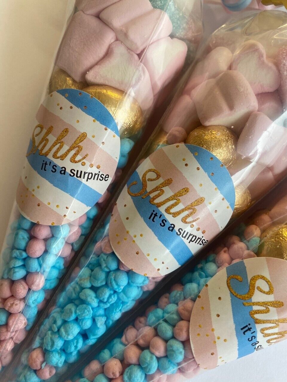 Baby Shower Surprise Pink Blue Gold Sweet Favours Candy Cones Party Bag