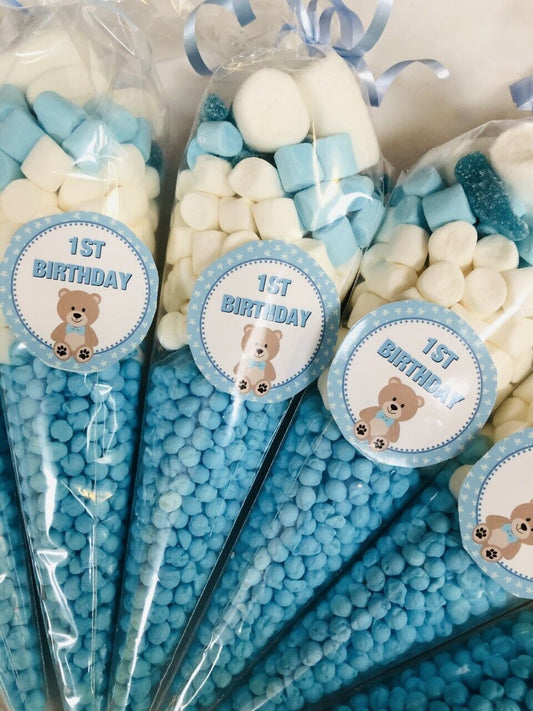 Birthday Teddy Bear Sweet Candy Cones Sweets Party Bags Filled Party Bag Gift Blue 1st