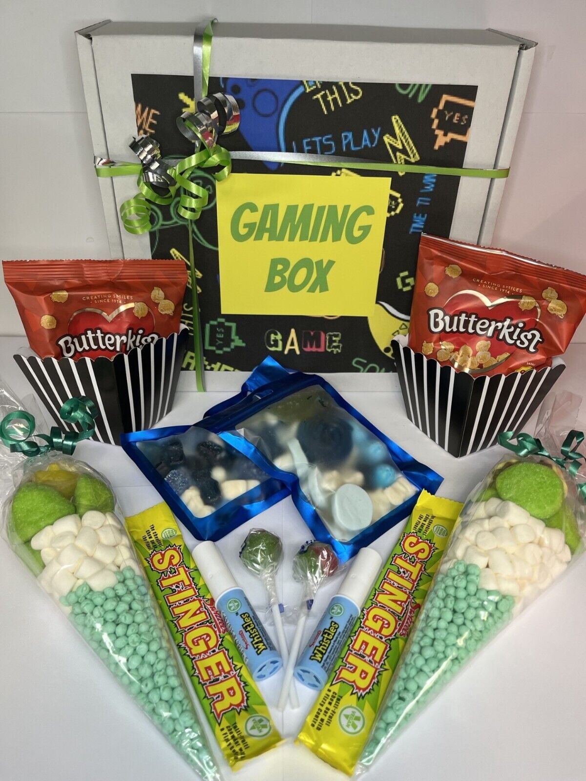 Gaming Comp Game Movie Night Box For 2 Popcorn Sweet Cones Treats Hamper Gift