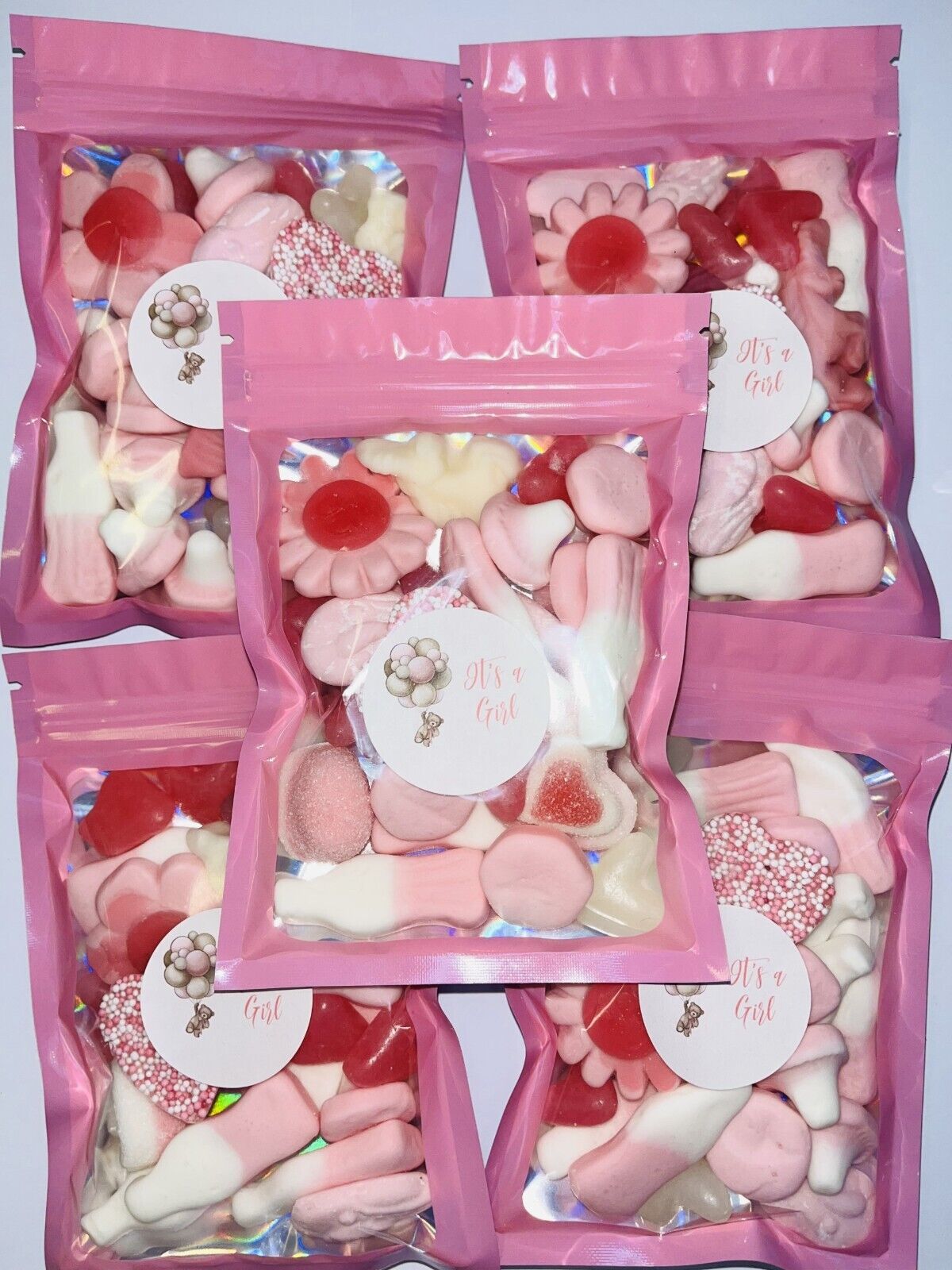 It's A Girl Teddy Baby Shower Gummy Jelly Sweet Pouch Party Bag Pink Pick Mix