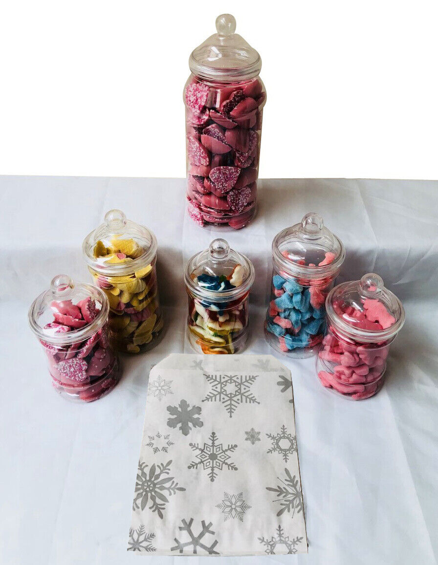 Empty Christmas Candy Buffet Party  Plastic Sweet Jar Set - 6 Jars & 50 Snowflake Bags